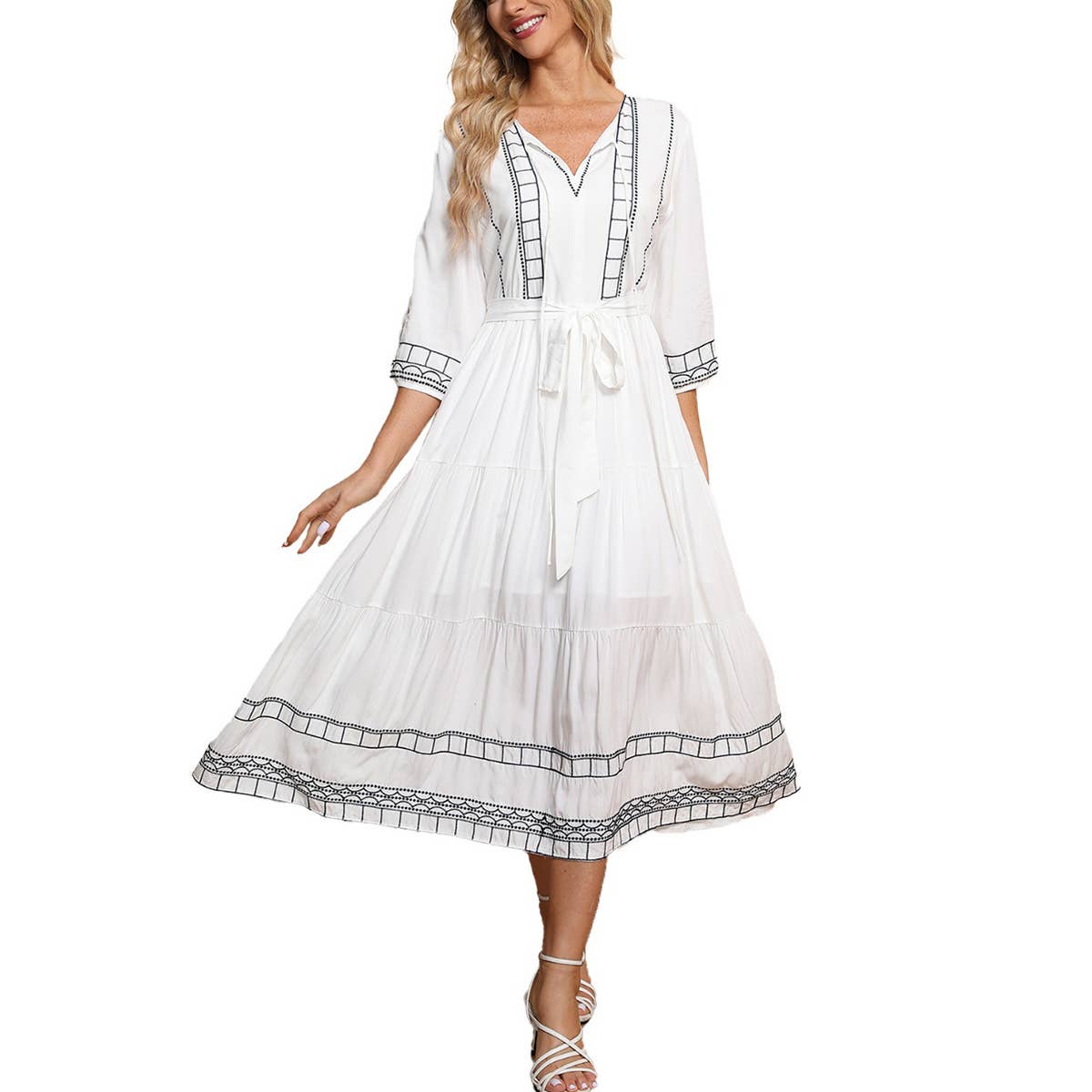 V-neck boho dress with belted waist