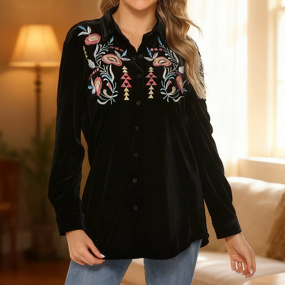Ethnic-style embroidered lapel shirt