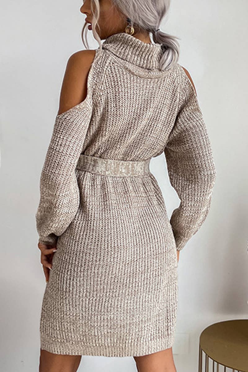 KNIT CUT-OUT OFF-THE-SHOULDER TURTLENECK DRESS