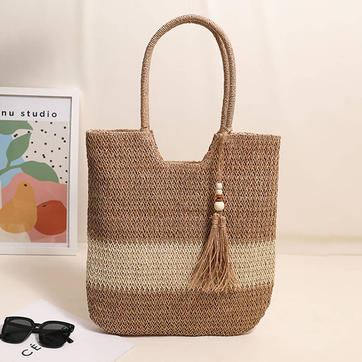 CASUAL WOVEN TWO-COLOR BEACH BAG WOVEN BAG_CWAB1861