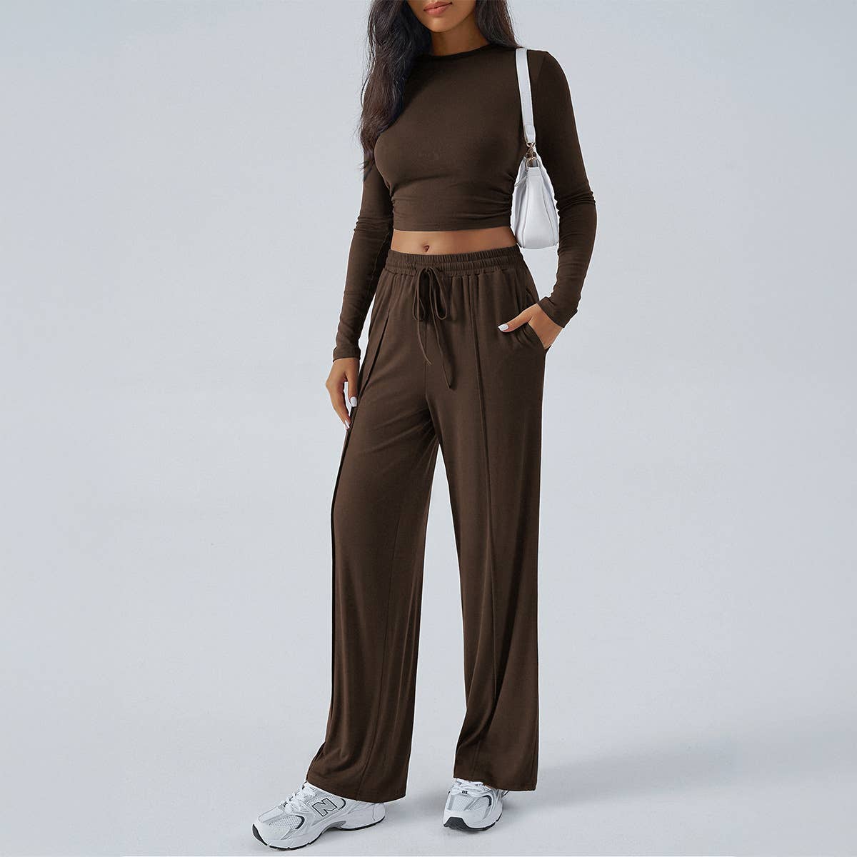 TEMPERAMENT ROUND NECK TOP WIDE LEG PANT SUIT