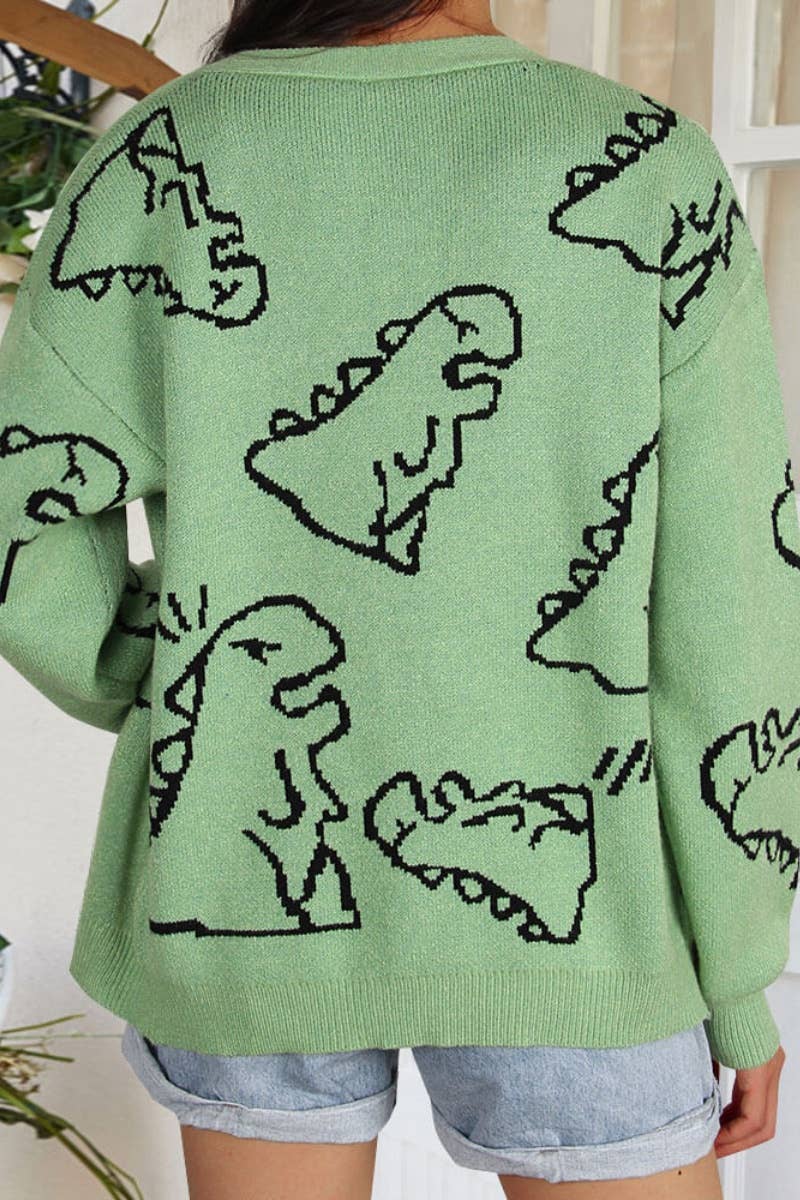 CWOCAL1574_WINTER LONGSLEEVED CARTOON DINOSAUR KNIT CARDIGAN