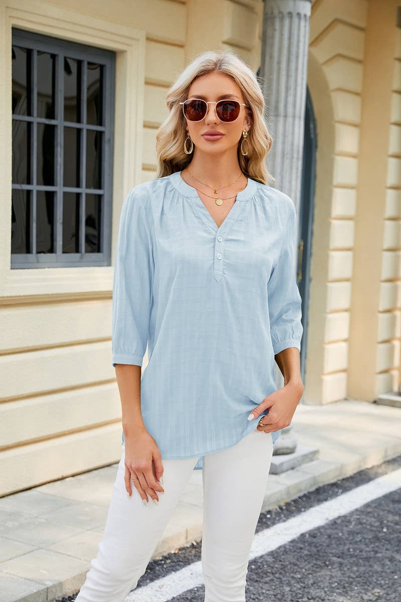 V NECK BUTTON UP T SHIRT_CWTSTS0283