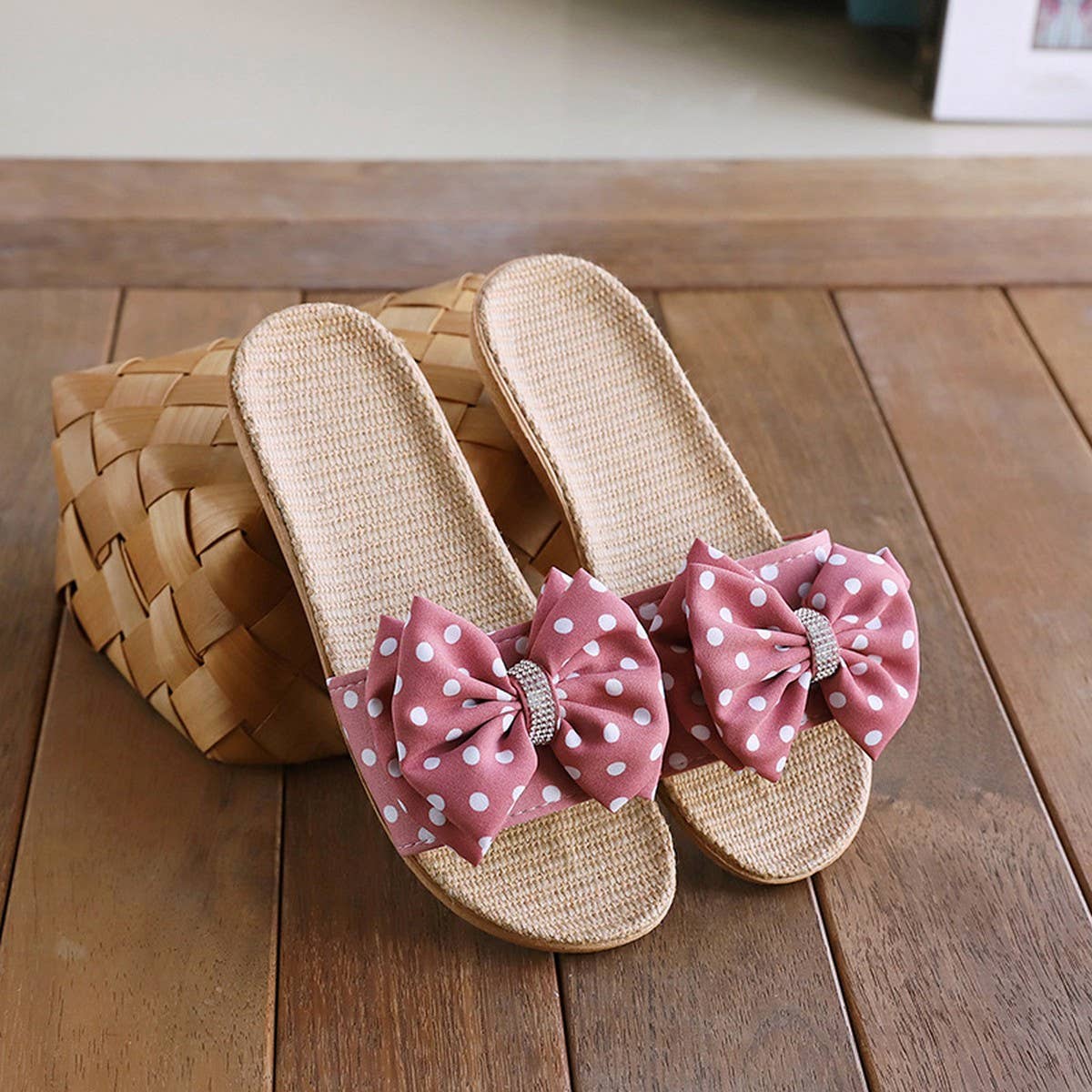 Bow Linen Summer Slippers Soft Sole, Breathable_CWSHF0188