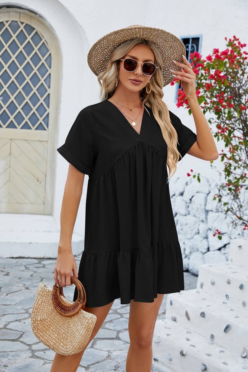 CWDSD3113_V Neck Tiered Short Sleeve Dress