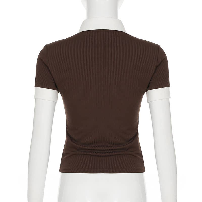 Spliced fake two contrasting color lapel T-shirts