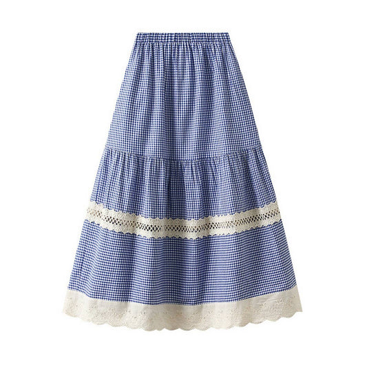 HOLLOW HOOK STITCHING PLAID SKIRT CAKE LONG SKIRT