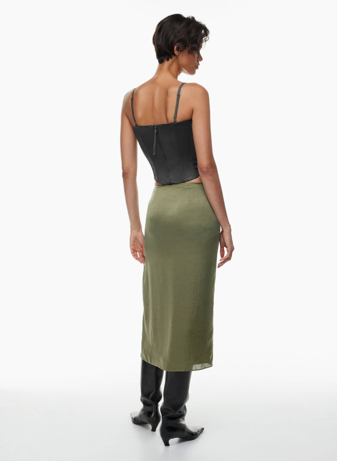 LACE UP SATIN SKIRT HIGH WAIST SLIT STRAIGHT SKIRT