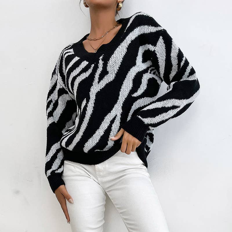 STYLISH ZEBRA-PRINT WARM THICK KNIT SWEATER