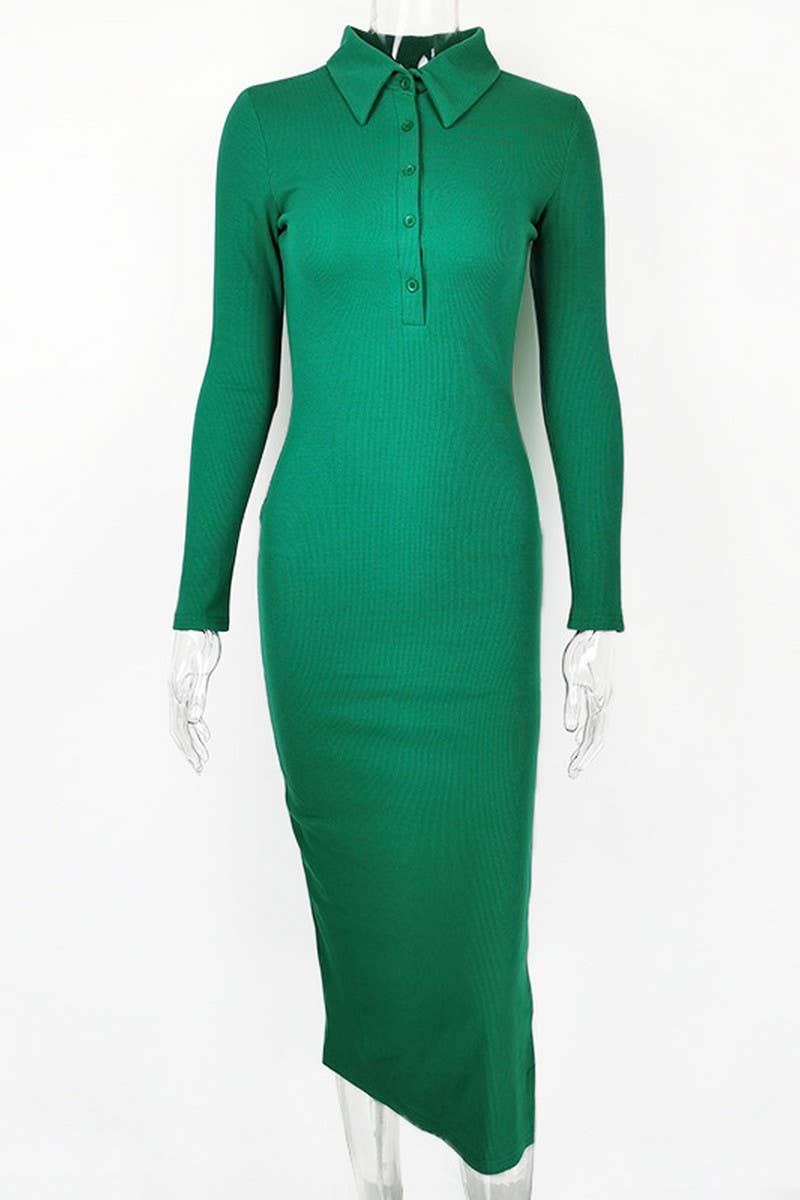 CWDMD4903_SLIM FIT POLO NECK RIBBED LONG SLEEVE SLIT DRESS