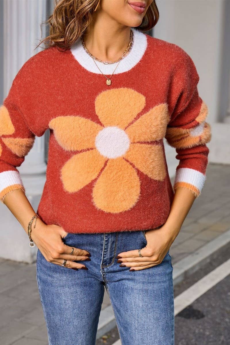 CWOSWL07601_FLORAL FUZZY CREWNECK KNIT SWEATER