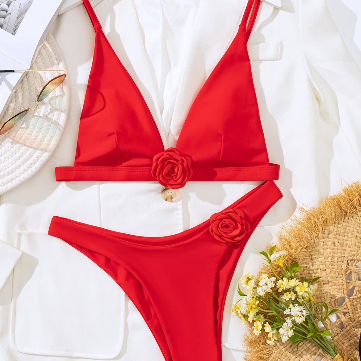 3D Floral Bikini Set - Solid Color Swimsuit_CWMW0693