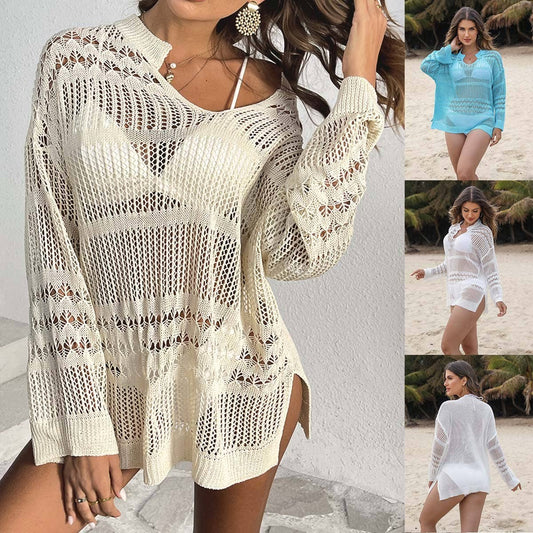 TOPS LONG SLEEVE HOLLOW BEACH SWIMSUIT COVER UP
