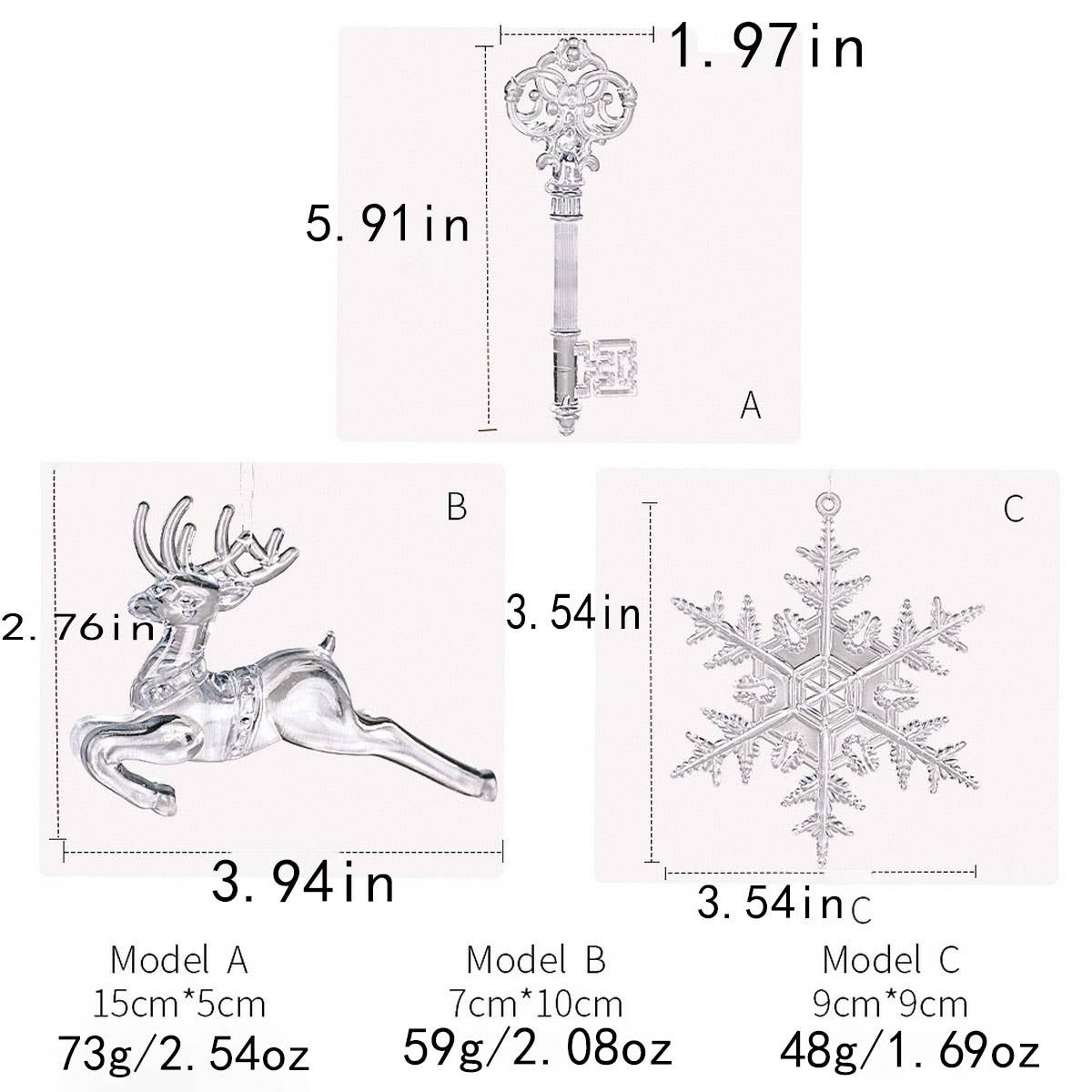 CWMM10173_CLEAR SNOWFLAKE AND REINDEER ORNAMENTS FOR TREE