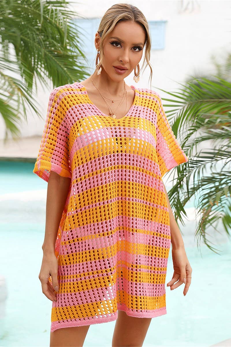 CWOSWS0031_Crochet Bikini Cover V-Neck Beach Top Sweater