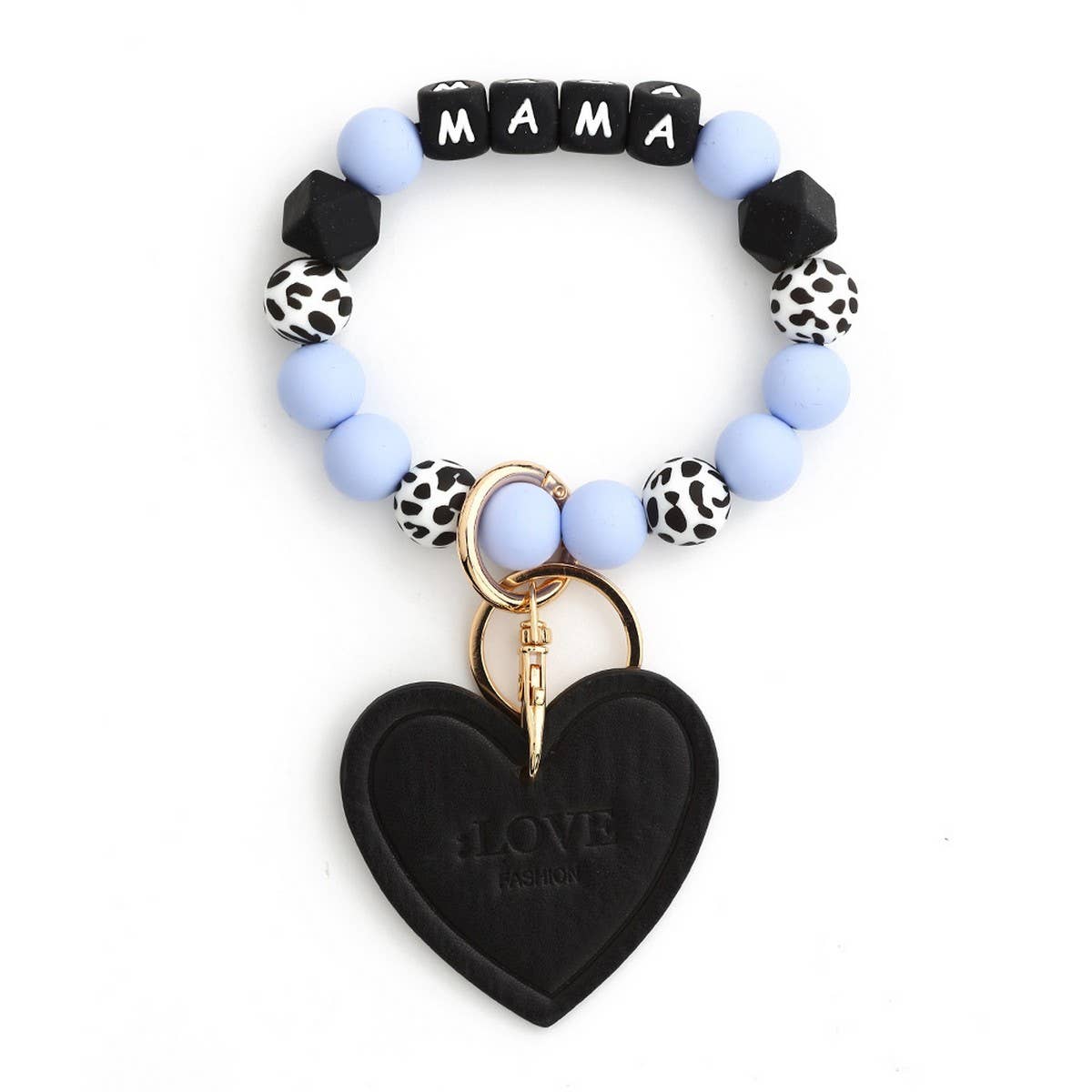 Leopard Print Silicone Bead Heart Bracelet Keychain_CWAB5018