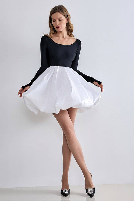 CWDSD6822_SQUARE NECK BALLET FLOWER BUD SKIRT DRESS