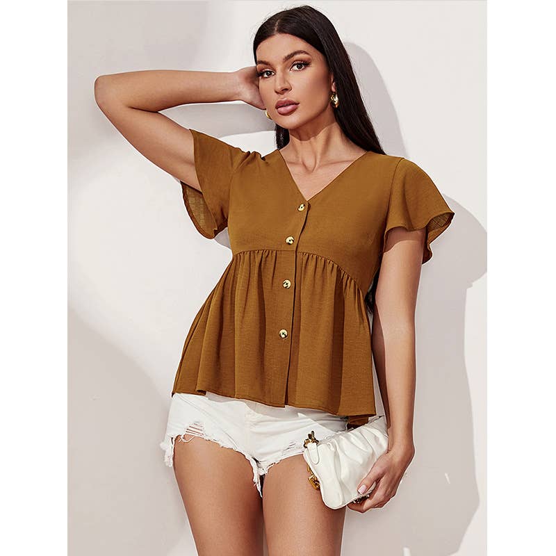 V-NECK SOLID COLOR SLIM-FIT SHORT-SLEEVED TOP