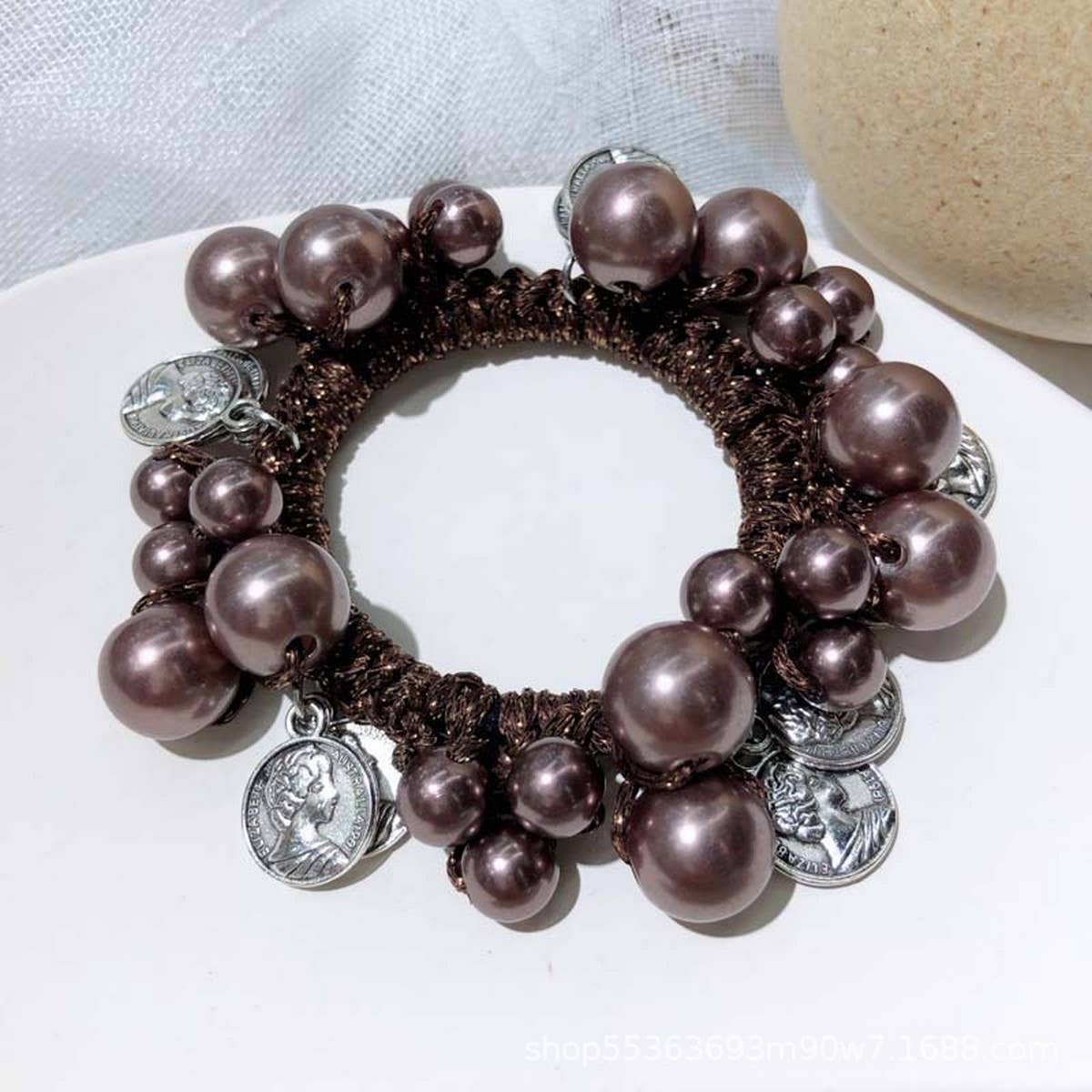 Beaded Hair Tie with Metal Pendant Pearl Band_CWAHA6876