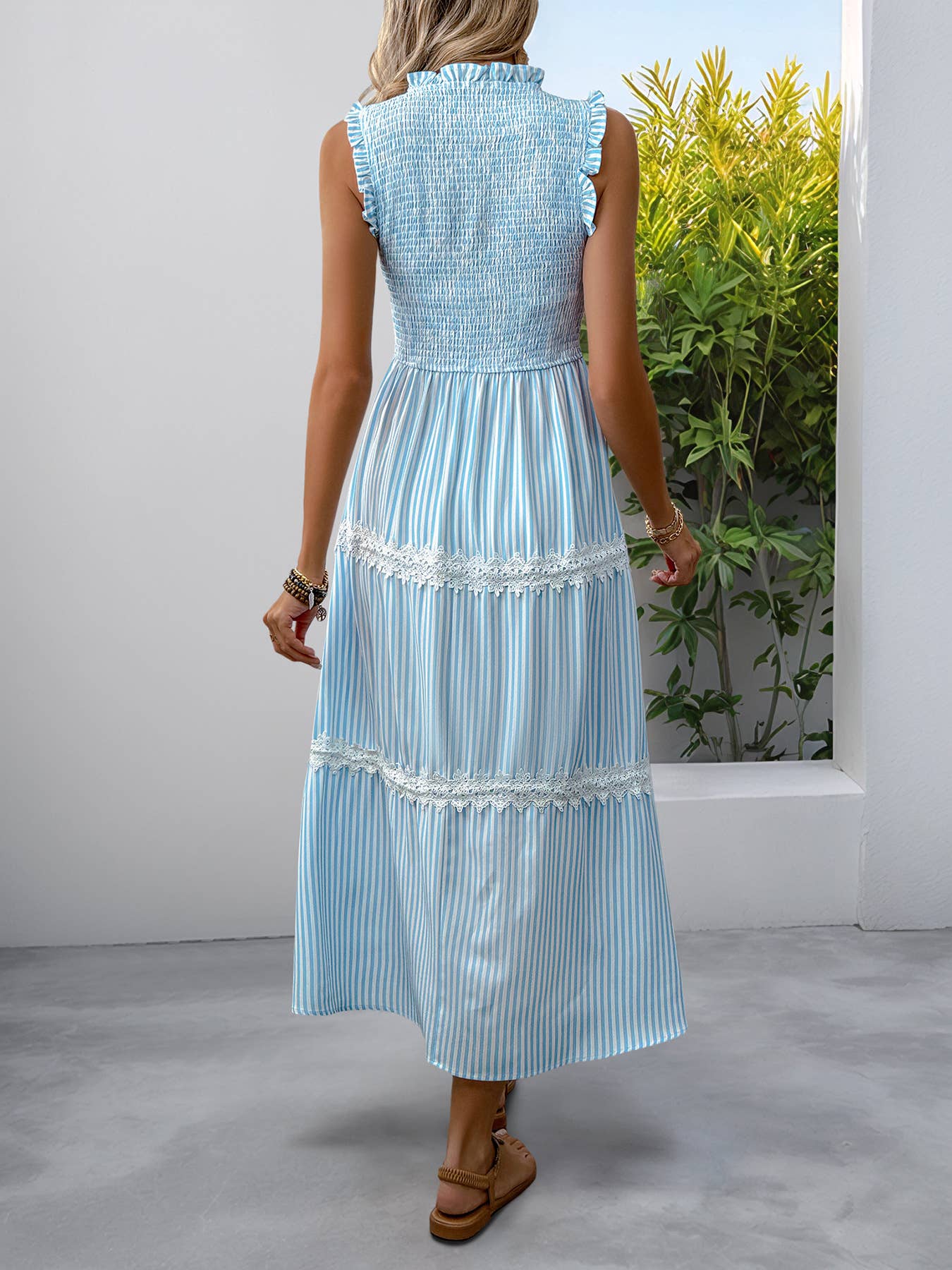 Ear-trimmed round-neck sleeveless striped dress