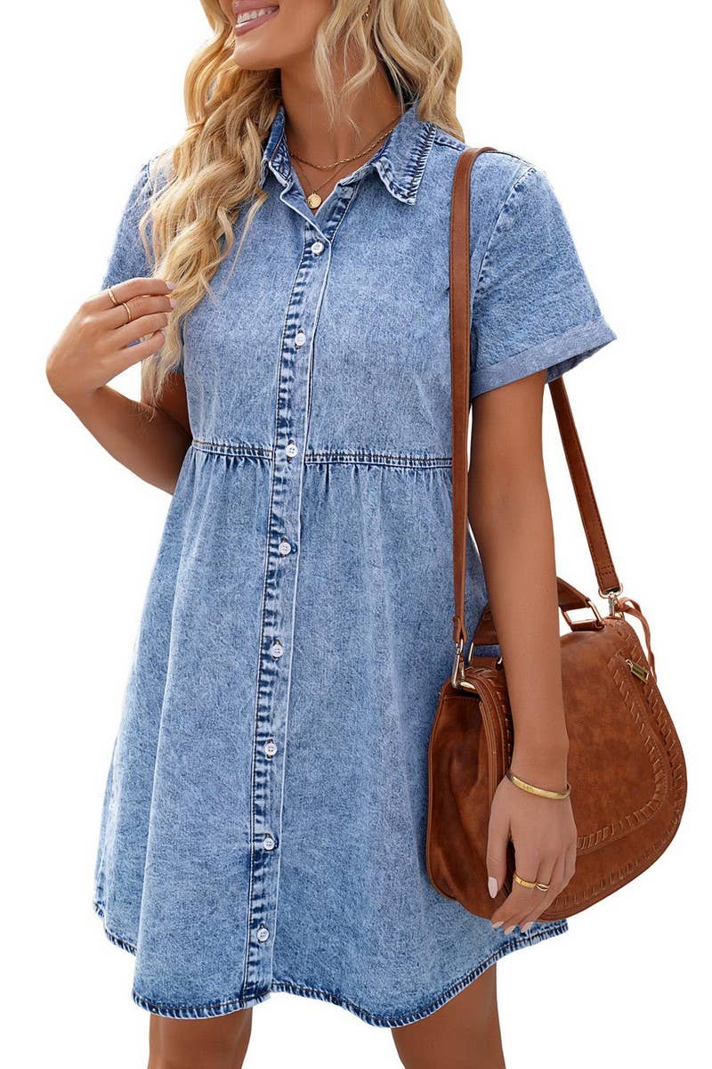 CWDSD5998_DENIM CASUAL SHORT-SLEEVED MIDI DRESS