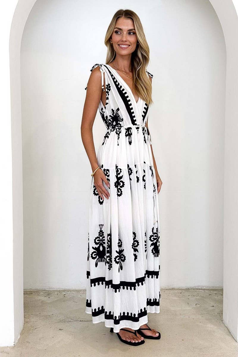 CWDMD6297_NEW SUMMER PRINTED V-NECK WAISTED DRESS