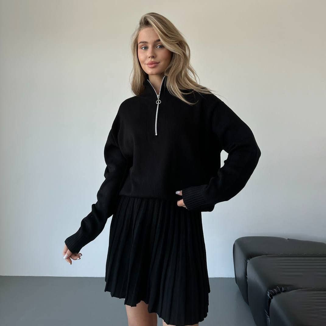 Two-piece knitted sweater and short skirt set