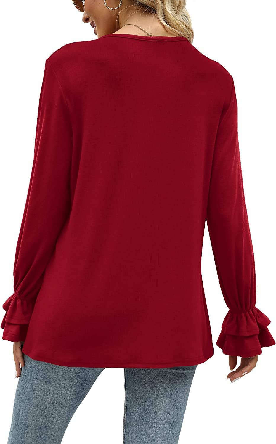 FLARED LONG SLEEVE SOLID COLOR T-SHIRT BLOUSE