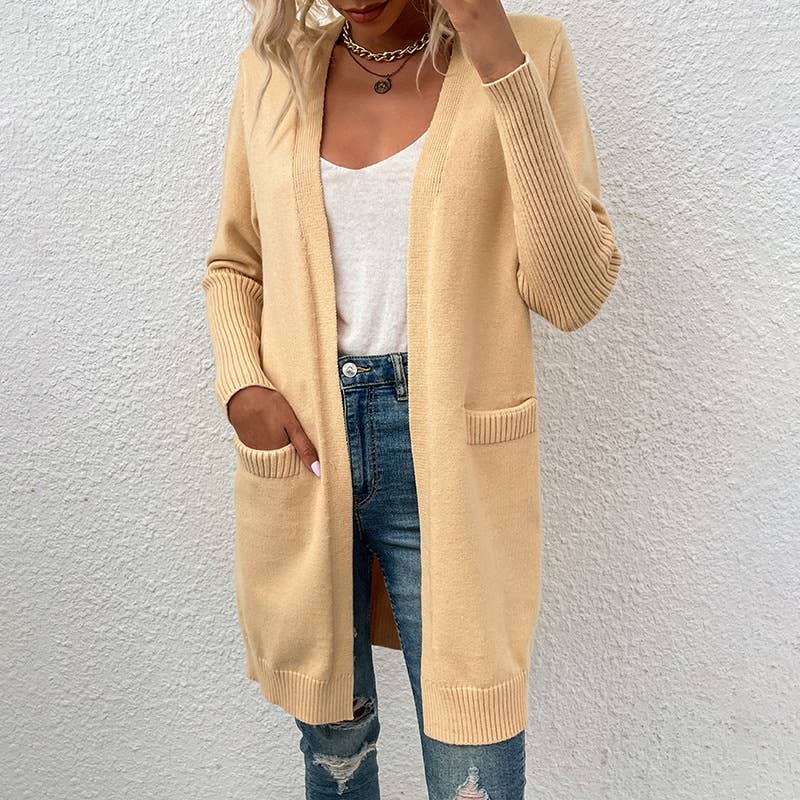 SOLID COLOR POCKET KNIT LONG UNBUTTONED CARDIGAN