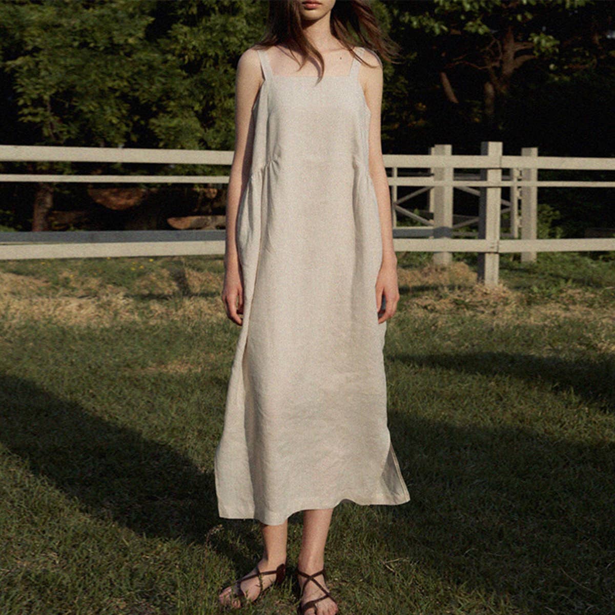 TENCEL LINEN SKIRT LOOSE SQUARE NECK DRESS