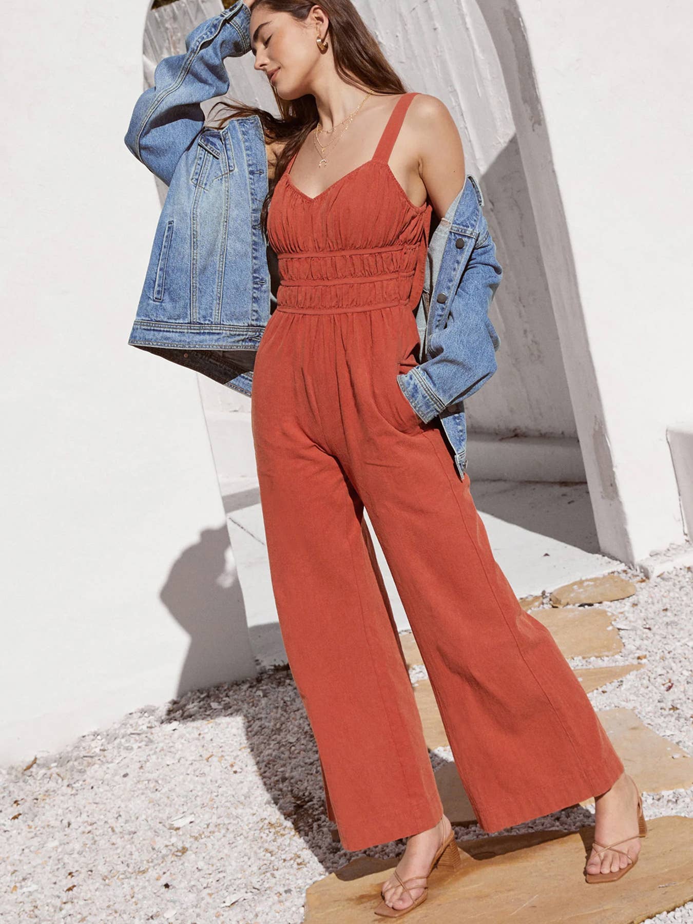 Solid color thin straps baggy flared jumpsuit
