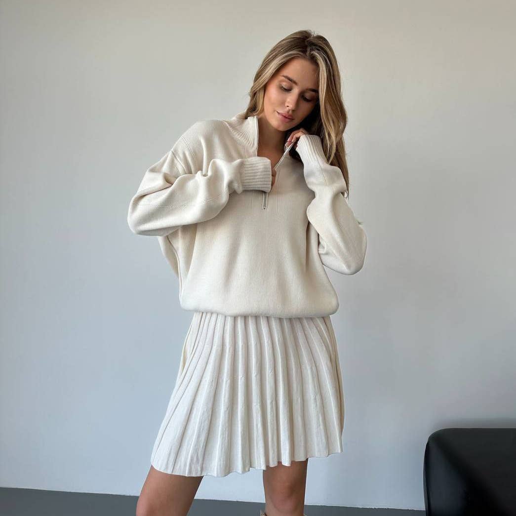 Two-piece knitted sweater and short skirt set