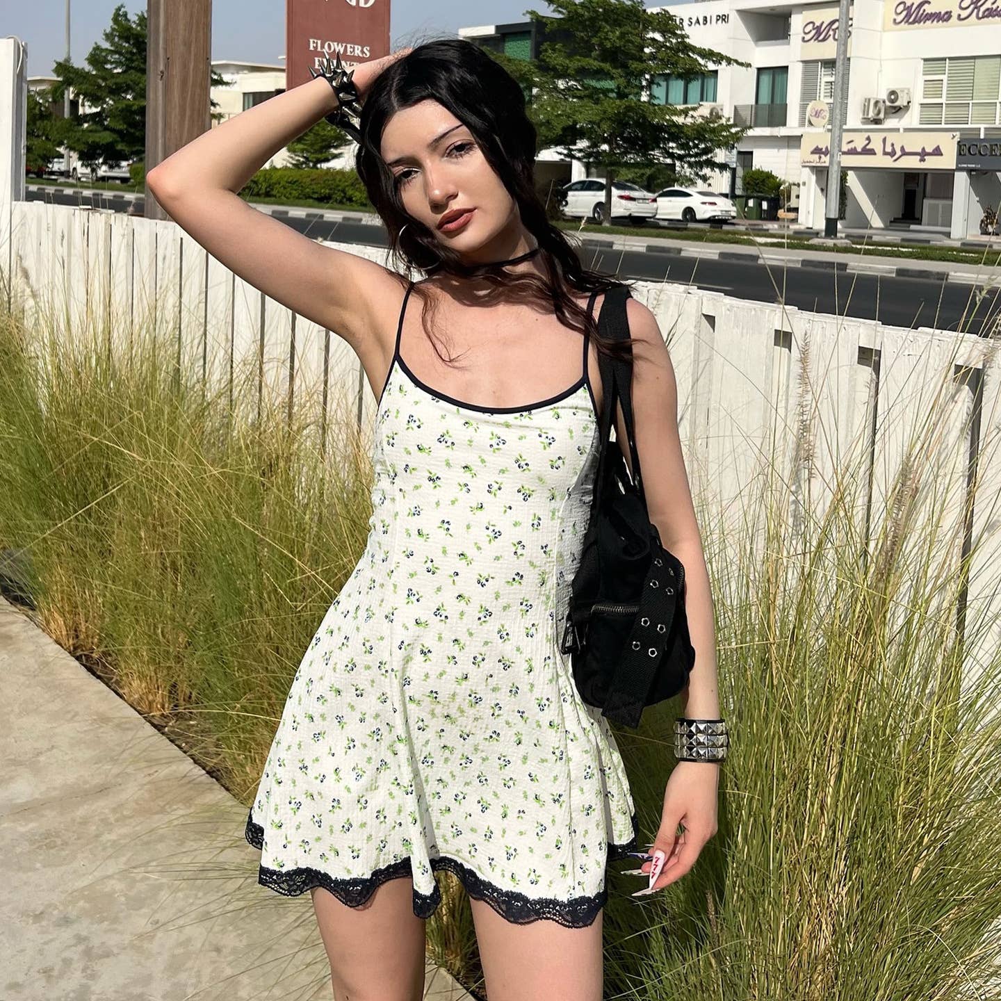 Lace patchwork waist floral halter dress