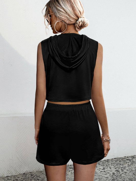 Hooded sleeveless lace-up casual tank shorts suit