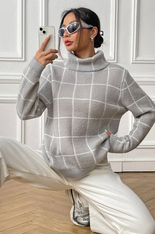 CWOSWL07336_WOMEN PLAID COLOR BLOCK TURTLENECK SWEATER