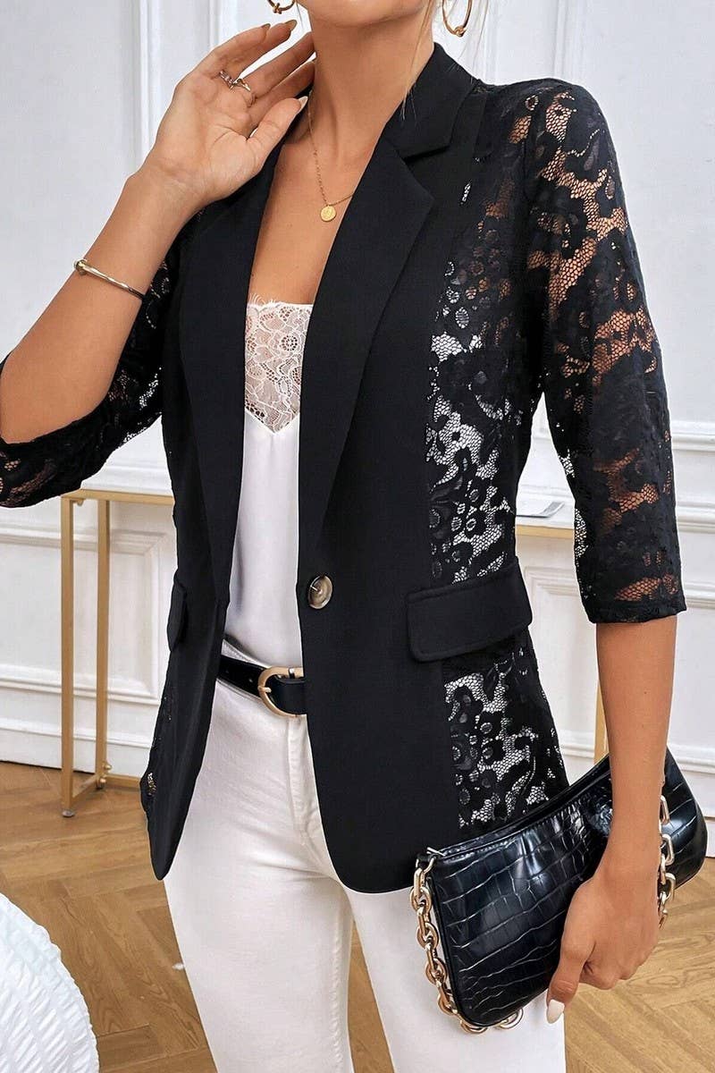 CWOCO1137_SOLID COLOR LACE PATCHWORK SMALL SUIT JACKET