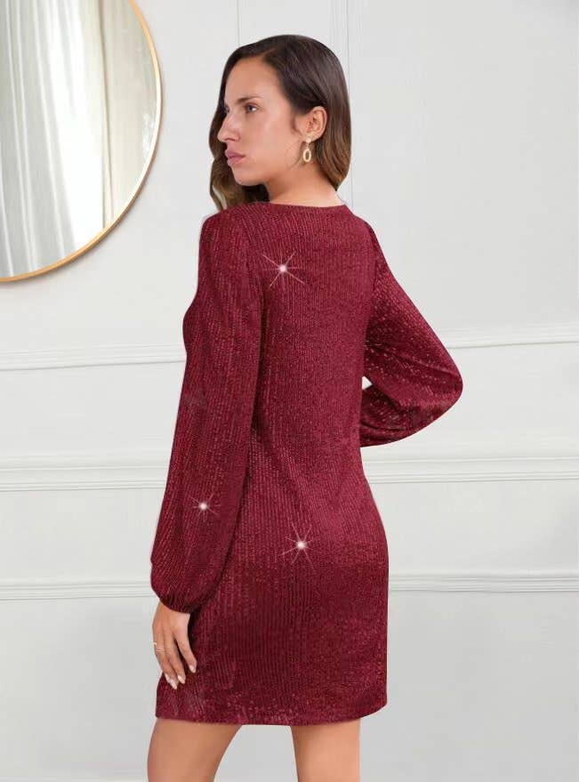 Long-sleeved V-neck slim fashion sequined dress