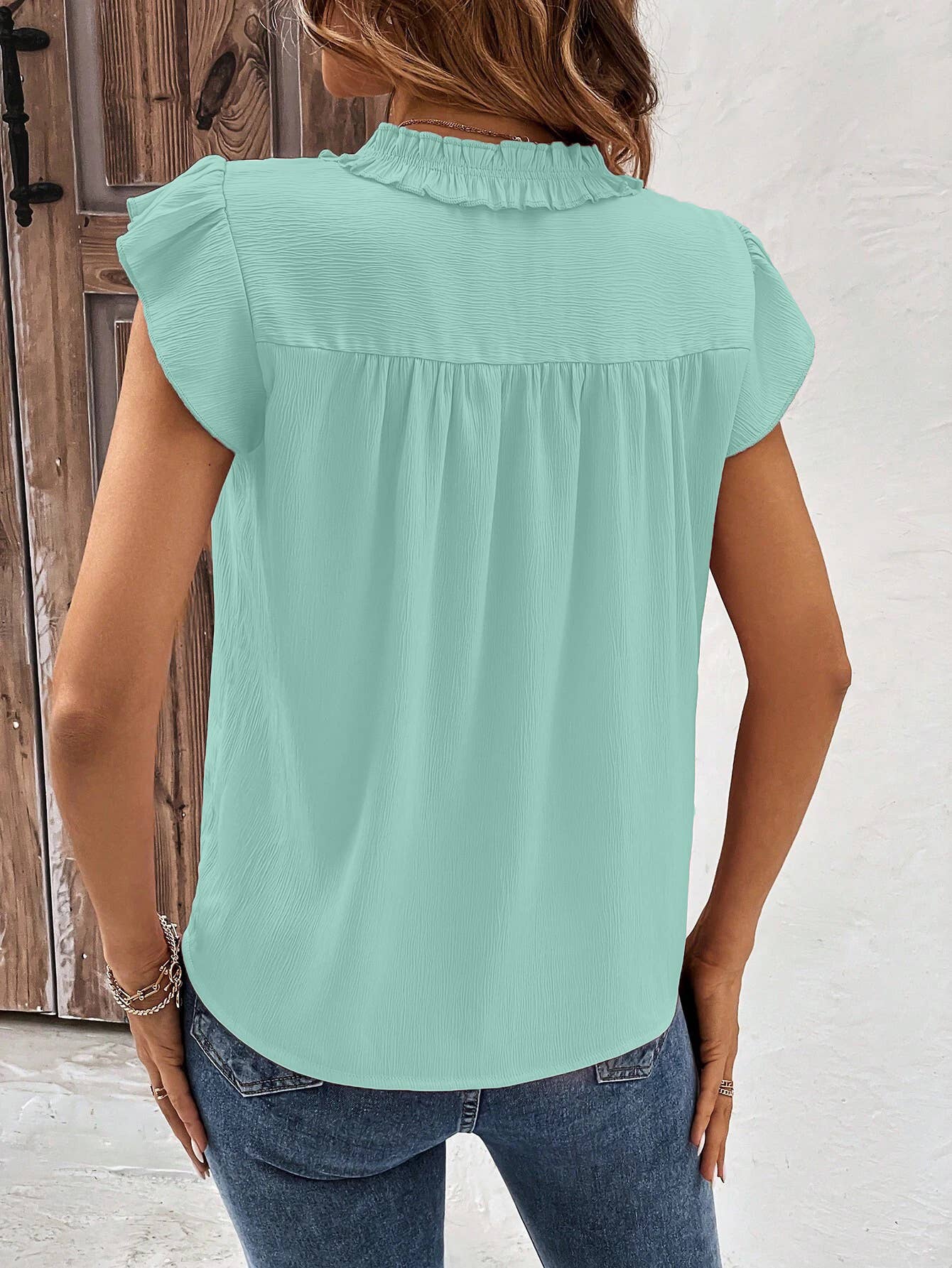 V-NECK RUFFLED TOP WITH RUFFLED SLEEVES