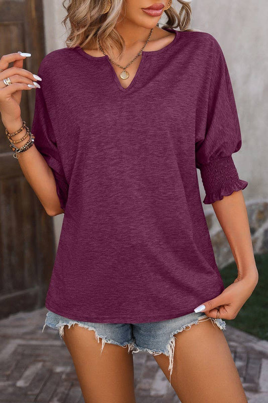 Cwtbls1434_Loose V-Neck Bat Sleeves Colorful Cotton T-Shirt