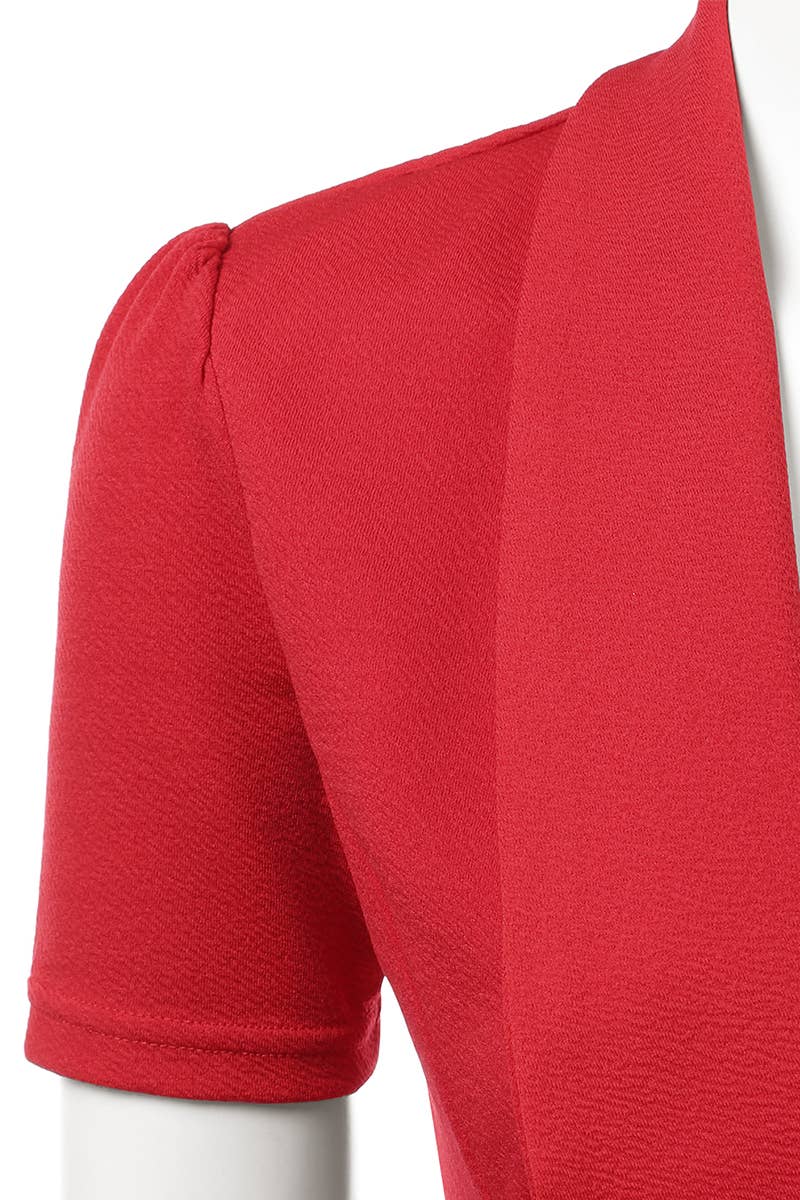 CWOBL095-P_Short Sleeve Open Front Draped Ruffles Blouses