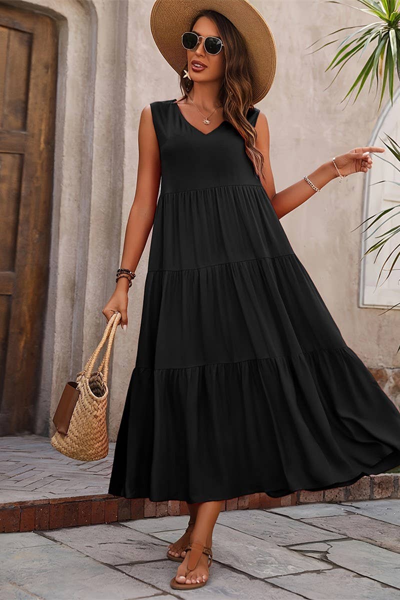 CWDMD4880_SOLID V NECK TIERED HEM SLEEVELESS DRESS