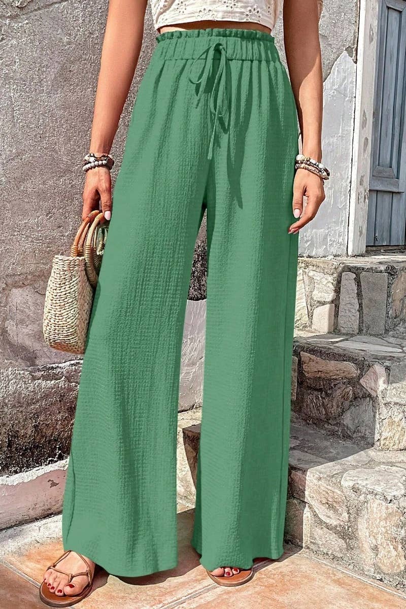 CWBMP0142_SUMMER CASUAL BUBBLE PLAID WIDE-LEG PANTS