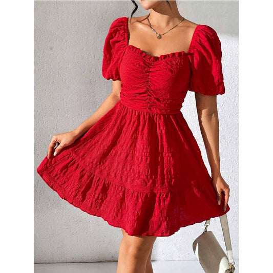 Solid-color square-neck short-sleeved dress