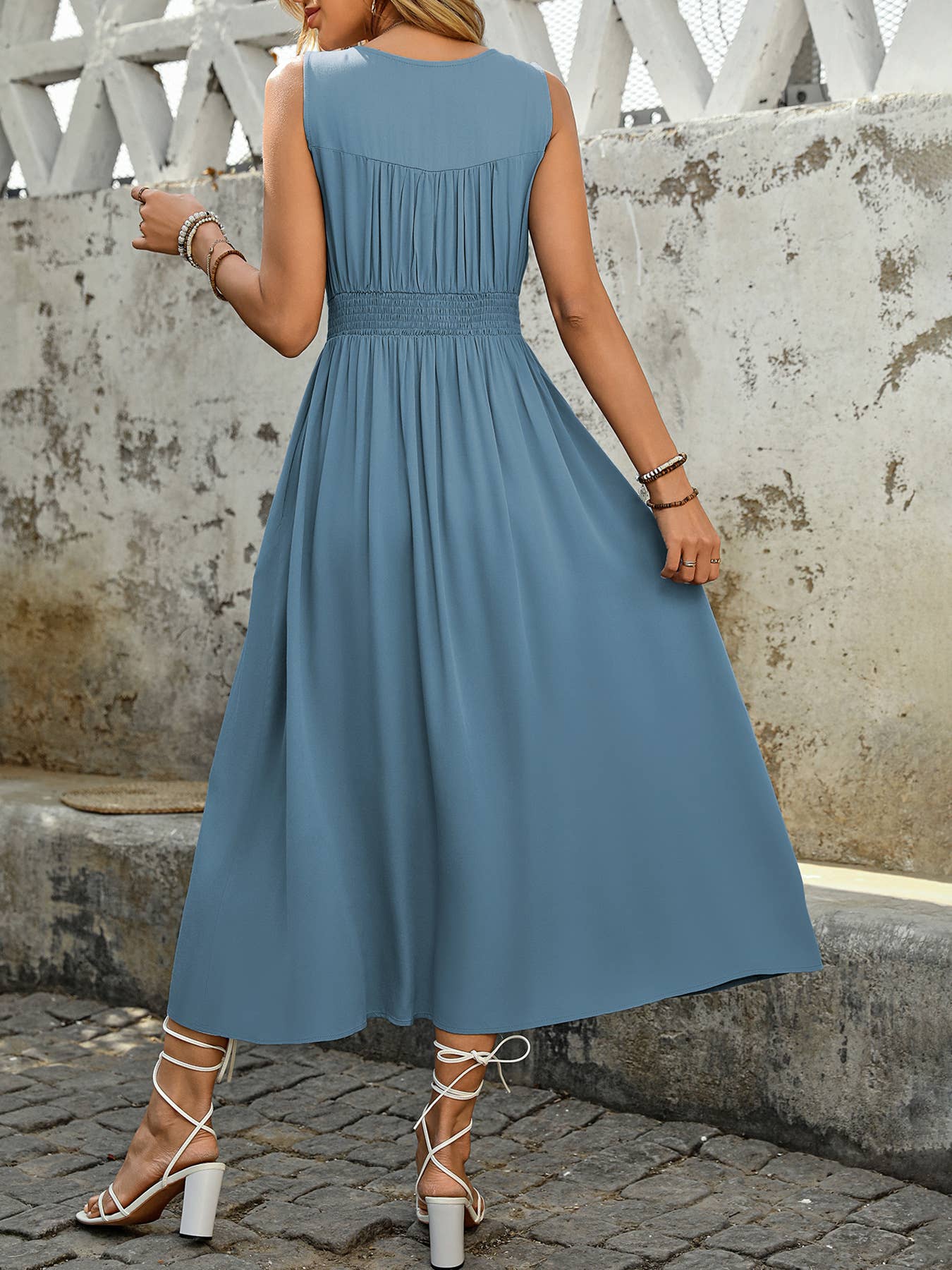 Split high-waisted light blue waist dress