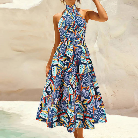 Sleeveless Halter Neck Printed Midi Dress
