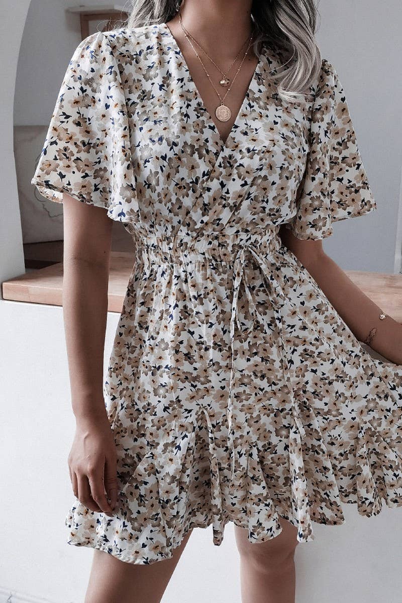 SHORT SLEEVE V NECK FLORAL RUFFLE DRESS_CWDSD2501