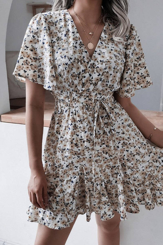 SHORT SLEEVE V NECK FLORAL RUFFLE DRESS_CWDSD2501