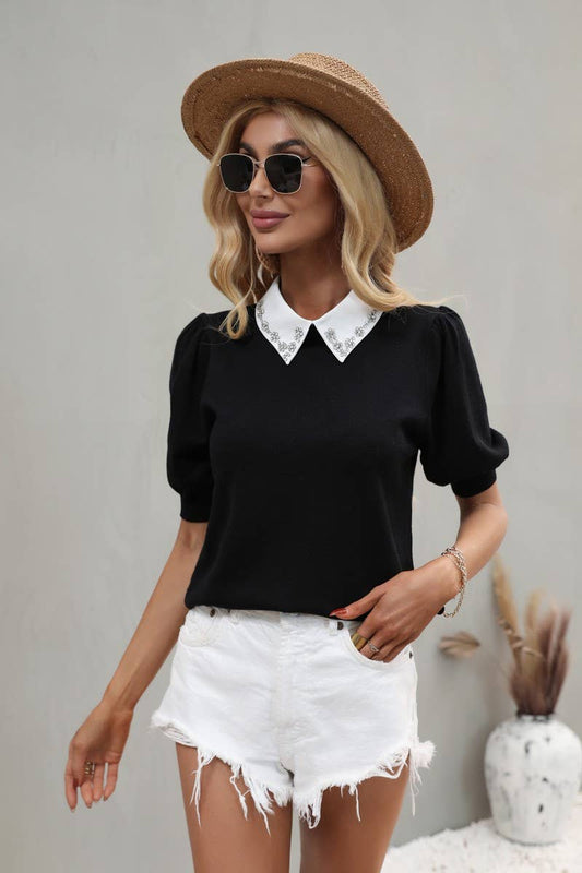 Cwtts0738_Crew Neck Puff Short Sleeve Knit Pullover Sweater