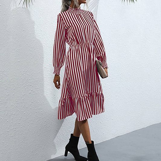 VERTICAL STRIPED FASHION SEMI-TURTLENECK DRESS
