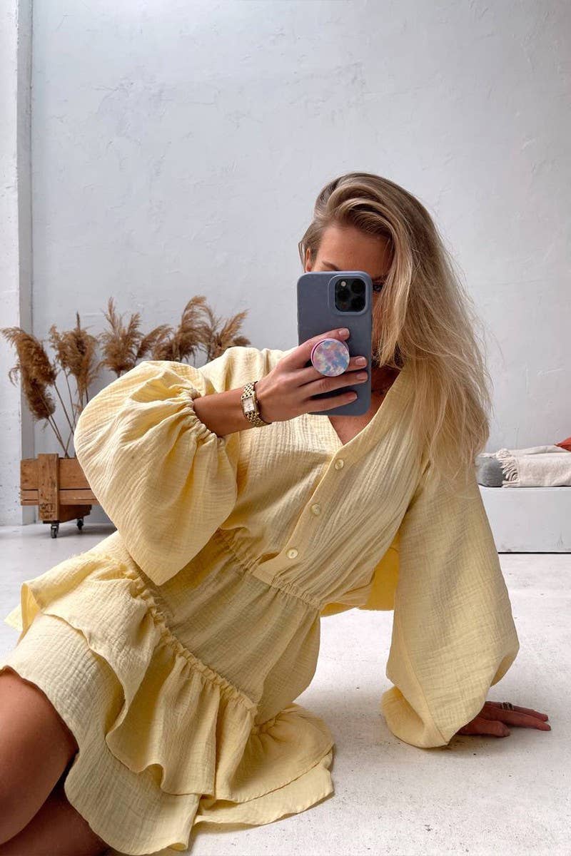 CWDSD8525_SOLID PUFF SLEEVE ELASTIC WAIST DRESS